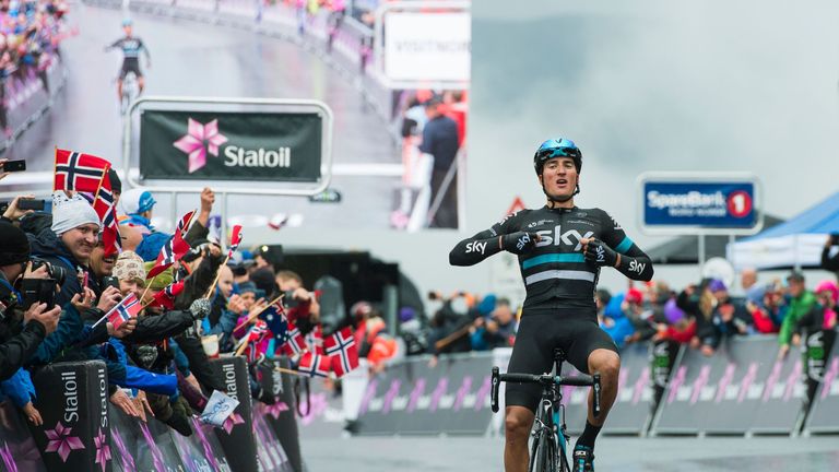 Italian Gianni Moscon of team Sky celebrates as he crosses the finish line to win the 160 km third stage of the Arctic Race of Norway between Nesna and Kor