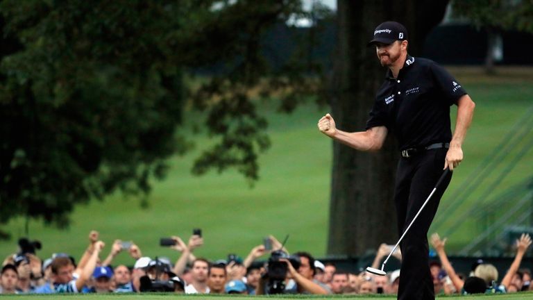 Jimmy Walker celebrates his putt for par on the 18th hole to win the 2016 PGA Championship at Baltusrol