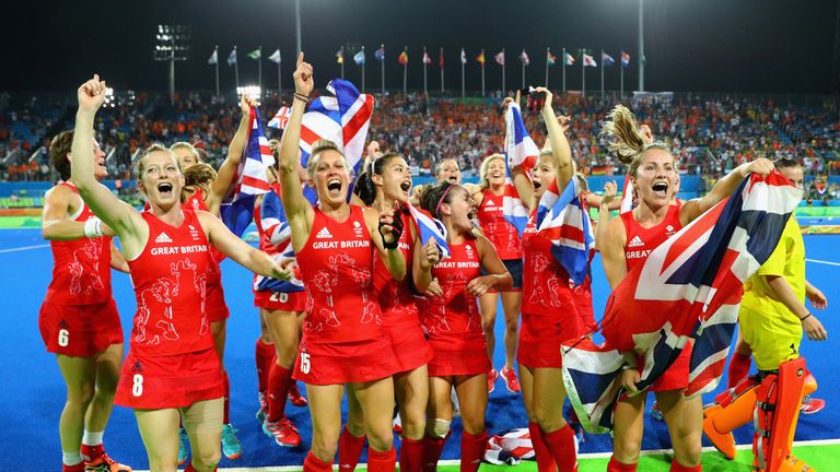 Great Britain celebrate after defeating Netherlands in the women's gold medal match
