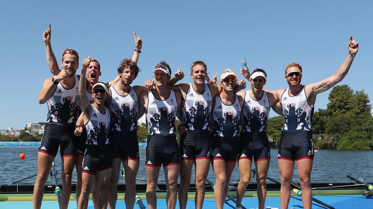 The men's eight celebrate after powering to victory