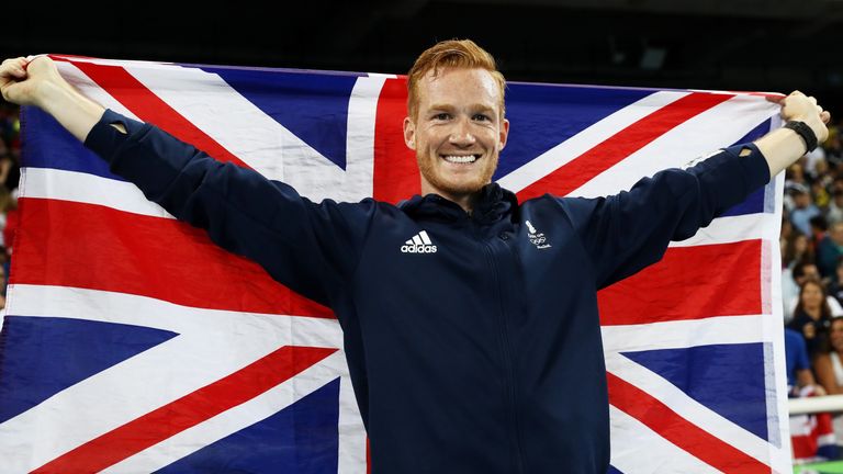 Greg Rutherford of Great Britain celebrates after the Men's Long Jump Final on Day 8 of the Rio 2016 Olympic Games 