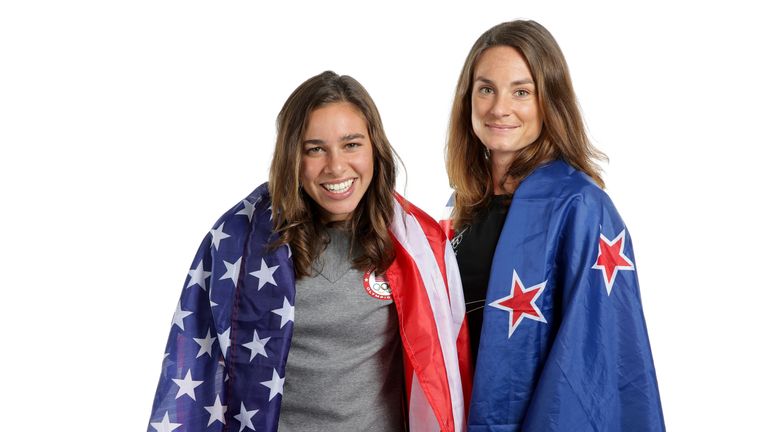 RIO DE JANEIRO, BRAZIL - AUGUST 17:  New Zealand distance runner, Nikki Hamblin and American runner, Abbey D'Agostino pose for a portrait on August 17, 201