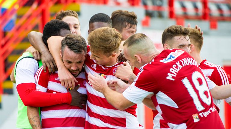 Hamilton's Dougie Imrie (3rd from left) celebrates his goal with his team-mates