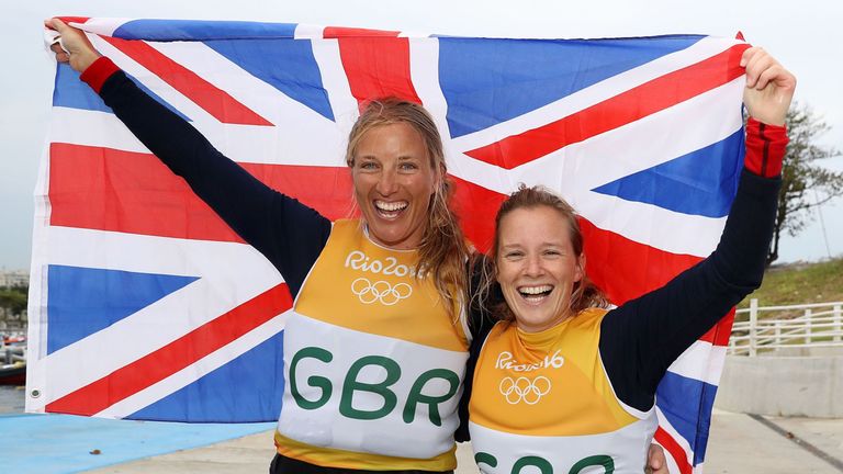Great Britain's Hannah Mills and Saskia Clark celebrate 
