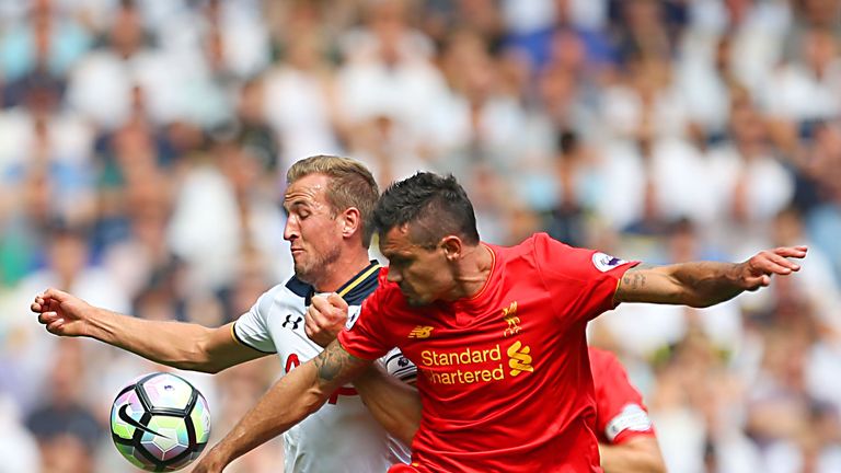 Tottenham Hotspur's Harry Kane (left) and Liverpool's Dejan Lovren battle for the ball during the Premier League match at White Hart Lane, London. PRESS AS