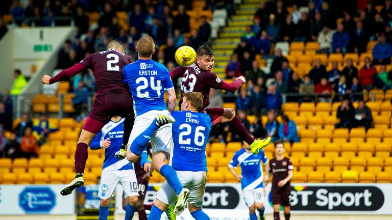 Callum Paterson (2) heads Hearts level at McDiarmid Park, in Perth