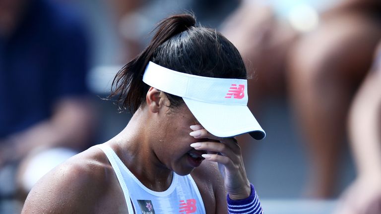 NEW YORK, NY - AUGUST 30:  Heather Watson of the United Kingdom reacts against Richel Hogenkamp of the Netherlands during her first round Women's Singles m