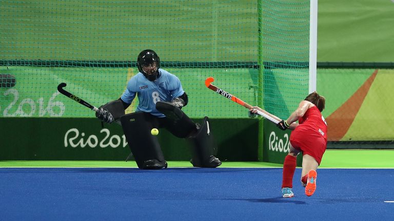 RIO DE JANEIRO, BRAZIL - AUGUST 17:  Helen Richardson-Walsh of Great Britain scores their second goal from the penalty spot during the Women's hockey semi 
