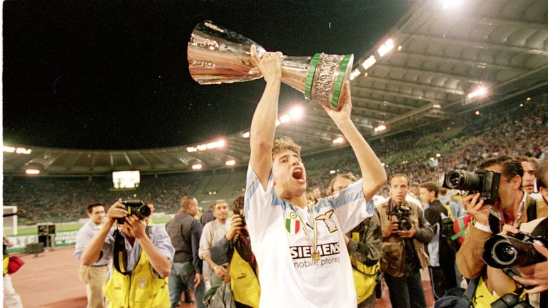 8 Sep 2000:  Hernan Crespo of Lazio celebrates victory after the Italian Super Cup match against Inter Milan played at the Stadio Olimpico, in Rome, Italy.