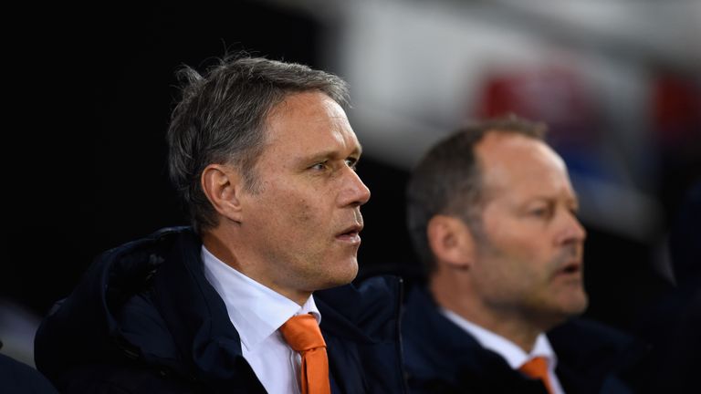 CARDIFF, WALES - NOVEMBER 13:  Danny Blind manager of Netherlands (r) stands with assistant coach Marco Van Basten before the friendly International match 