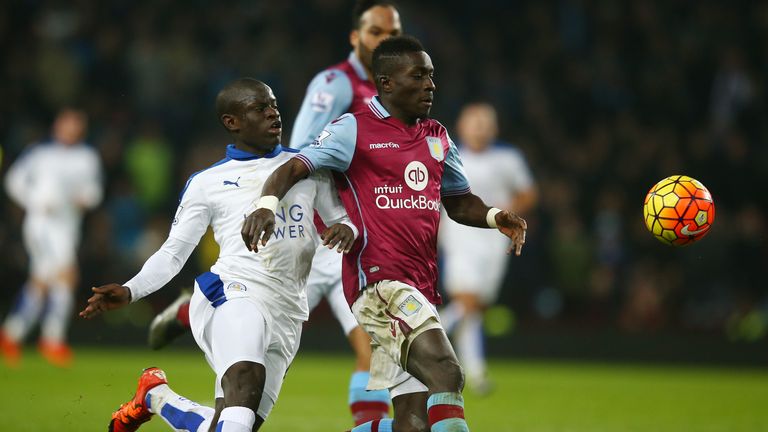 Idrissa Gueye of Aston Villa and N'Golo Kante of Leicester City compete for the ball during the Premier League match in January 2016