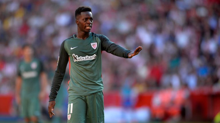 Athletic Bilbao's forward Inaki Williams gestures during the Spanish league football match Real Sporting de Gijon vs Athletic Club Bilbao at El Molinon sta