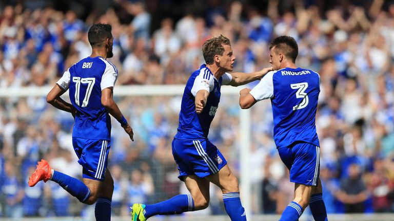Ipswich Town's Jonas Knudsen (right) celebrates scoring his side first goal during the Sky Bet Championship match at Portman Road, Ipswich.