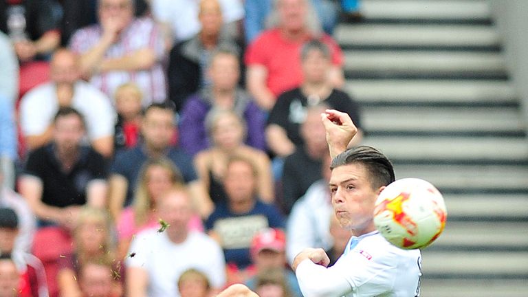 Aston Villa's Jack Grealish scores his sides opening goal during the Sky Bet Championship match at Ashton Gate, Bristol.