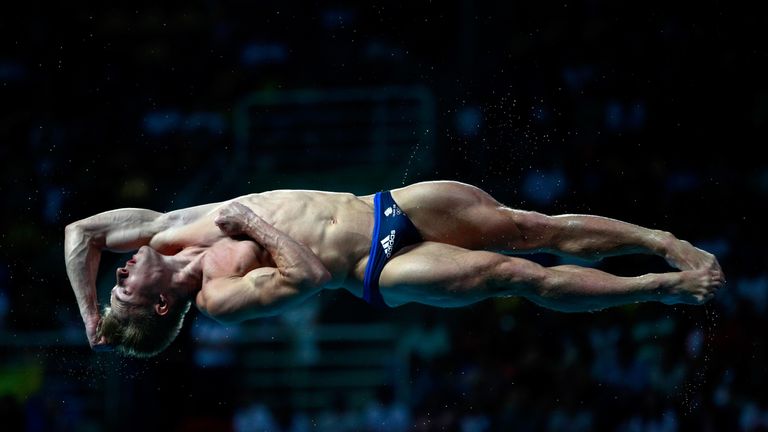 Jack Laugher of Great Britain competes in the Men's Diving 3m Springboard at the Maria Lenk Aquatics Centre