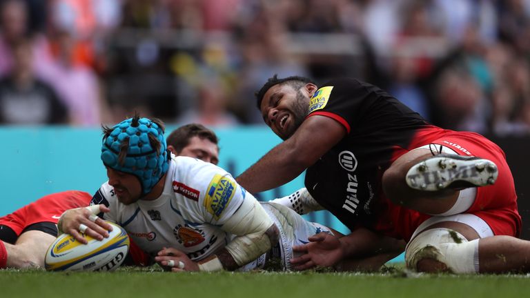 LONDON, ENGLAND - MAY 28:  Jack Nowell of Exeter Chiefs scores his team's second try during the Aviva Premiership final match between Saracens and Exeter C