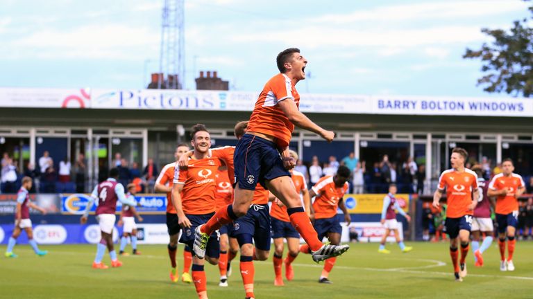 Luton Town's Jake Gray celebrates scoring his side's first goal of the game during the EFL Cup, First Round match v Aston Villa at Kenilworth Road