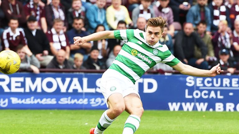 James Forrest scoring Celtic's first goal against Hearts at Tynecastle