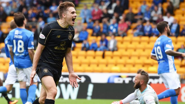 James Forrest celebrates his goal against St Johnstone