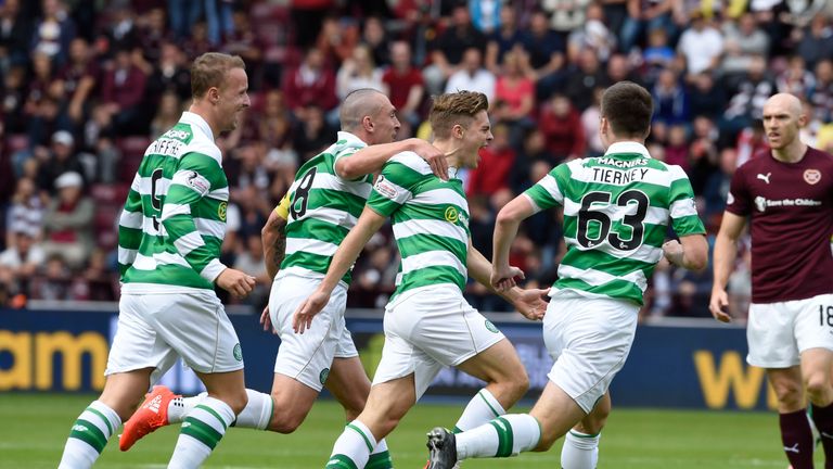 Celtic's James Forrest runs away to celebrates with Leigh Griffiths, Scott Brown and Kieran Tierney after scoring the opening goal