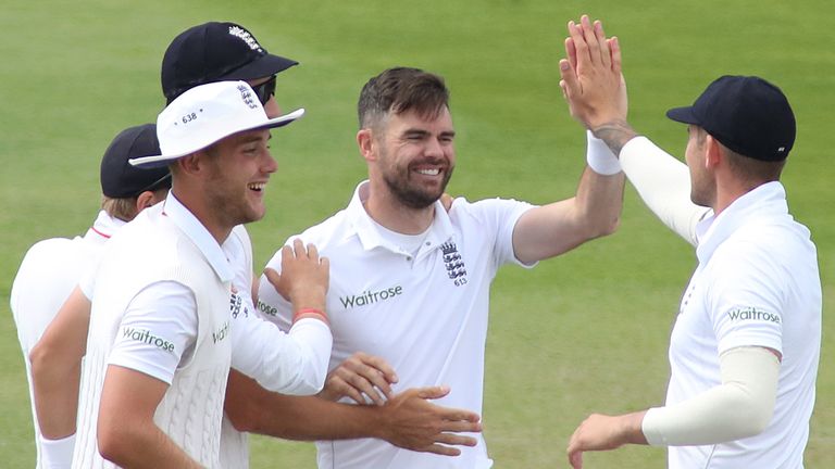 James Anderson of England celebrates taking the wicket of Mohammad Hafeez of Pakistan during day two of the 3rd Investec Test
