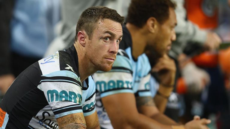 James Maloney of the Sharks watches on from the bencjh during the round 19 NRL match between the Sydney Roosters and Cronulla Sharks