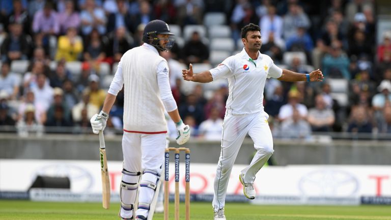 Pakistan bowler Sohail Khan celebrates after dismissing James Vince during day one of the 3rd Investec Test Match 