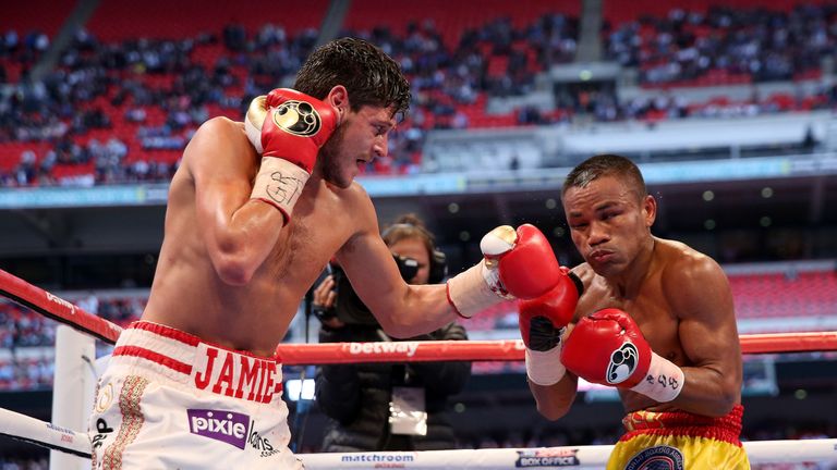 LONDON, ENGLAND - MAY 31:  Jamie McDonnell in action with Tabtimdaeng Na Rachawat during their Vacant WBA World Bantamweight Championship bout at Wembley S