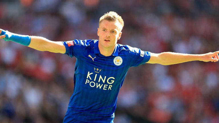 Leicester City's Jamie Vardy celebrates scoring his side's first goal of the game during the Community Shield match at Wembley Stadium, London