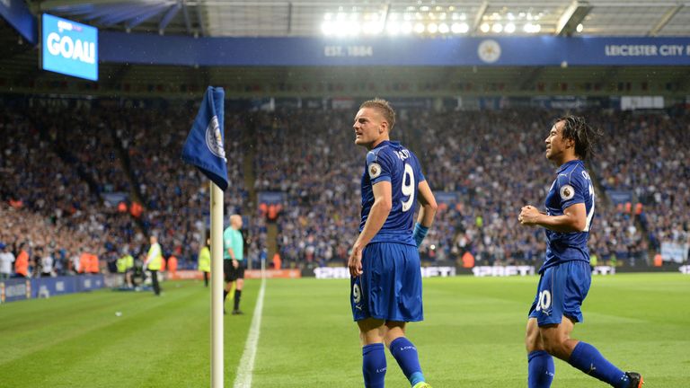 Leicester City's English striker Jamie Vardy celebrates after scoring 