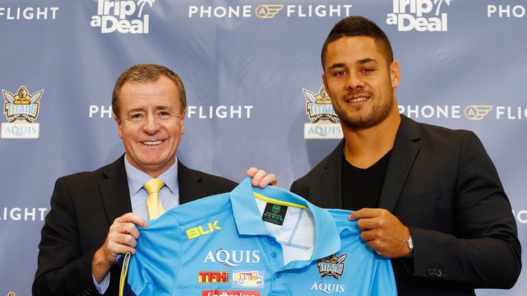 GOLD COAST, AUSTRALIA - AUGUST 03:  Jarryd Hayne and Titans CEO  Graham Annesley  during a press conference at Gold Coast Airport on August 3, 2016 in Gold