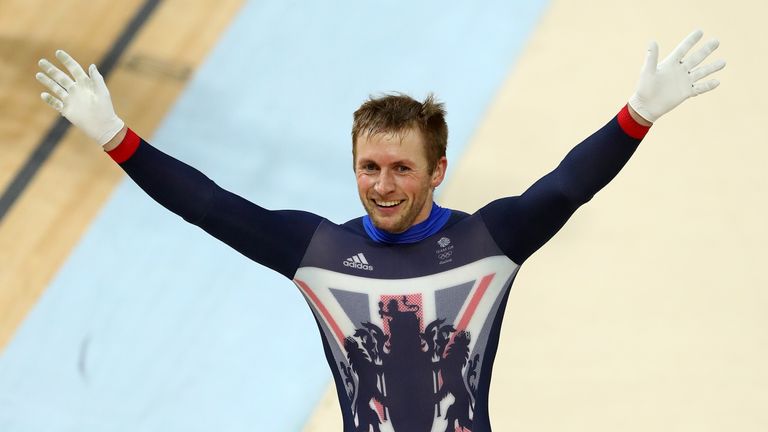 Jason Kenny celebrates winning gold in the Keirin 