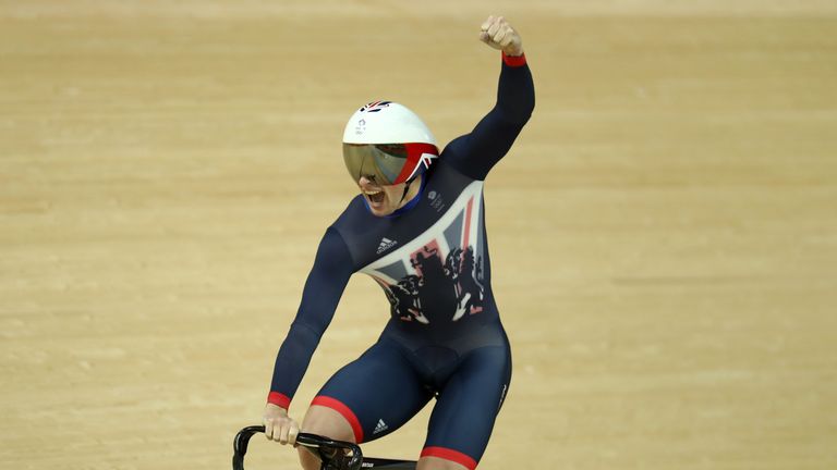 RIO DE JANEIRO, BRAZIL - AUGUST 11:  Jason Kenny of Great Britain celebrates after winning gold and getting an Olympic record in the Men's Team Sprint Trac