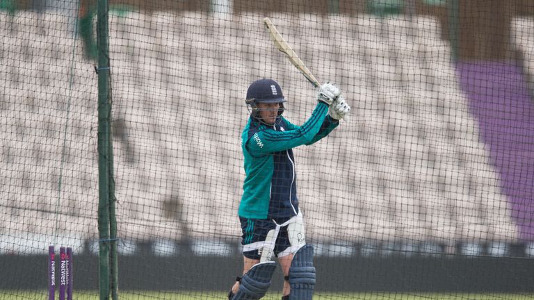 Jason Roy of England hits the ball during the England nets session at Ageas Bowl
