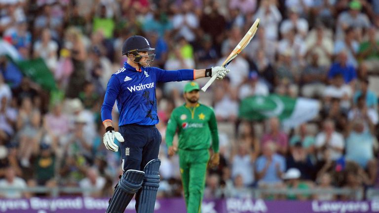England's Jason Roy celebrates his half-century during the first one day international (ODI) cricket match between England and Pakistan at The Ageas Bowl