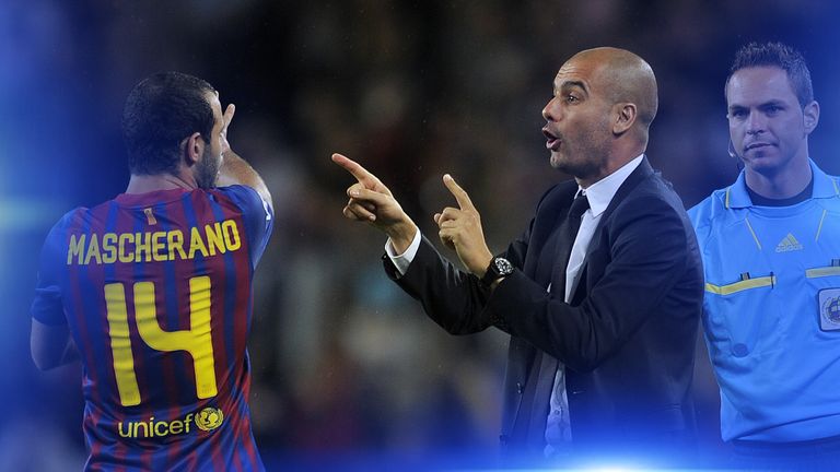 Javier Mascherano and Pep Guardiola talk tactics at Barcelona