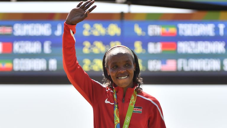 Kenya's Jemima Sumgong collects her gold medal