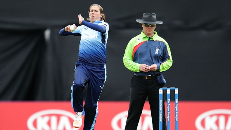LEEDS, ENGLAND - JULY 30: Jenny Gunn of Yorkshire bowls during the inaugural Kia Super League women's cricket match between Yorkshire Diamonds and Loughbor