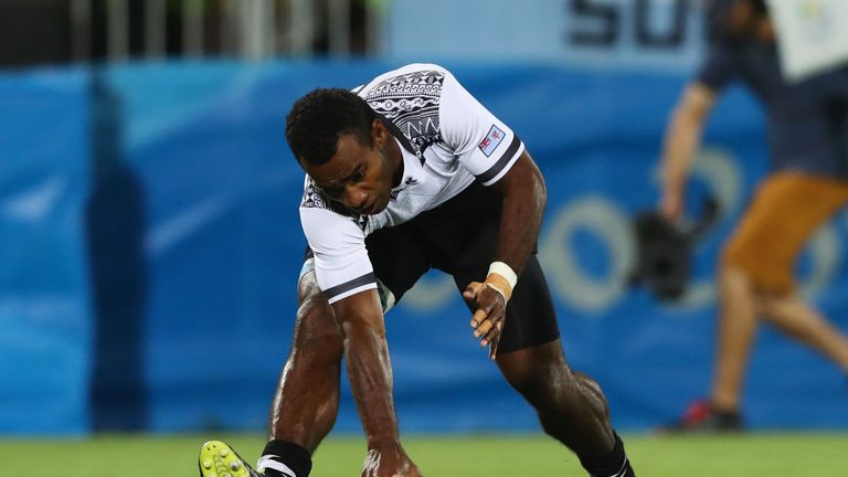 RIO DE JANEIRO, BRAZIL - AUGUST 11:  Jerry Tuwai of Fiji scores a try during the Men's Rugby Sevens Gold medal final match between Fiji and Great Britain o