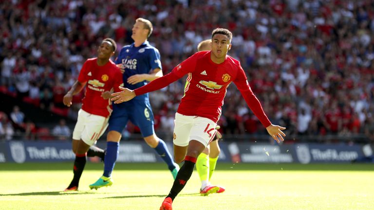 Manchester United's Jesse Lingard celebrates scoring his side's first goal of the game during the Community Shield