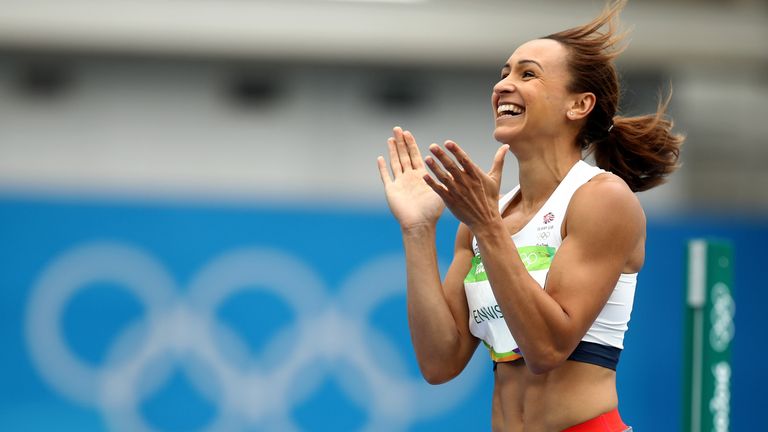 Jessica Ennis-Hill of Great Britain celebrates a successful attempt during the Women's Heptathlon High Jump 