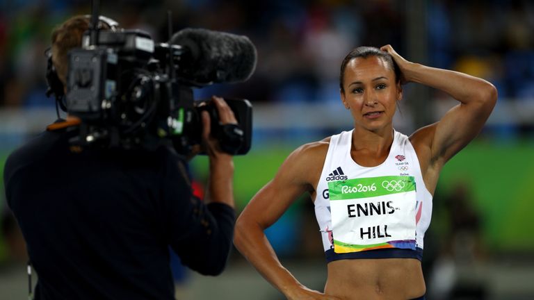 Jessica Ennis-Hill of Great Britain reacts in the women's heptathlon javelin