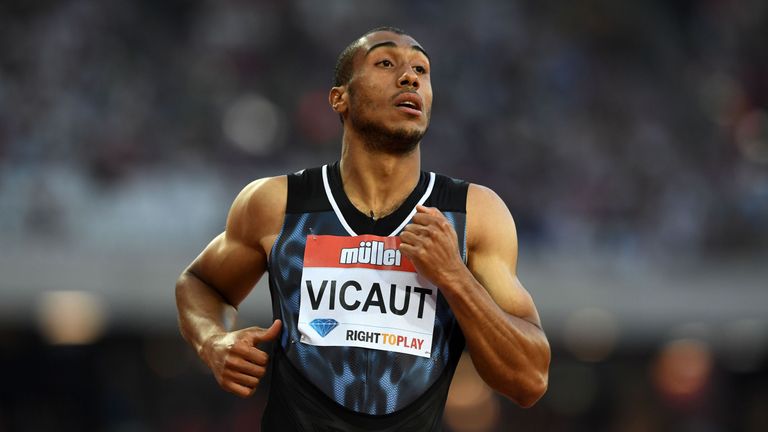 France's Jimmy Vicaut slows down after winning his semi-final of the men's 100m at the IAAF Diamond League Anniversary Games athletics meeting at the Queen