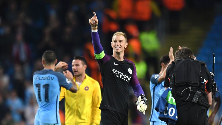 Joe Hart gestures to the Etihad crowd at full-time 