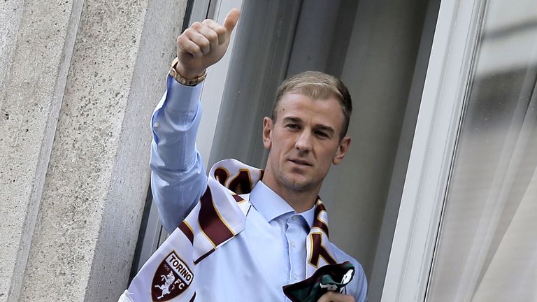 British goalkeeper Joe Hart gives a thumbs up upon his arrival for a medical check before joining the Torino 