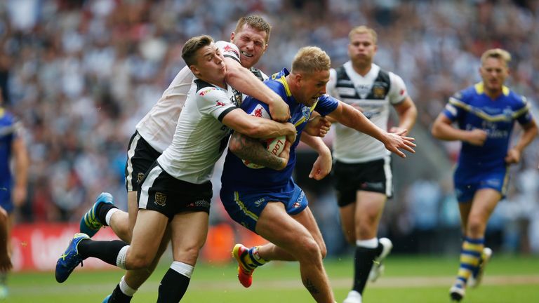 LONDON, ENGLAND - AUGUST 27:  Joe Westerman of Warrington Wolves runs with the ball during the Ladbrokes Challenge Cup Final between Hull FC and Warrington