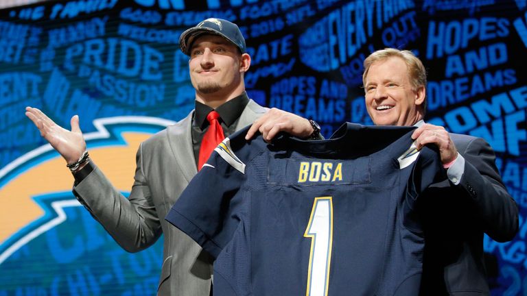 CHICAGO, IL - APRIL 28:  (L-R) Joey Bosa of Ohio State holds up a jersey with NFL Commissioner Roger Goodell after being picked #3 overall by the San Diego