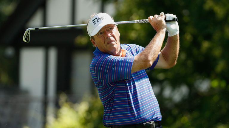COLUMBUS, OH - AUGUST 12: Joey Sindelar watches his tee shot on the fourth hole during the second round of the 2016 US Senior Open at Scioto Country Club o