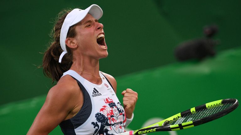 Konta celebrates after converting her fourth match point