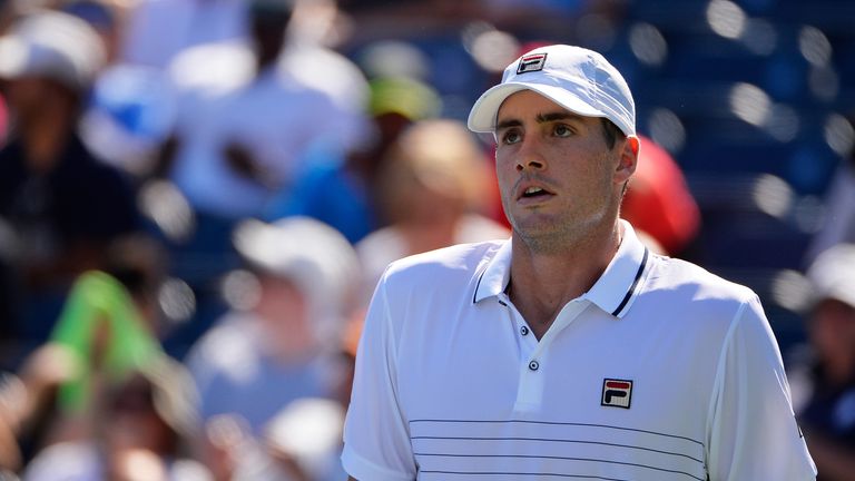 NEW YORK, NY - AUGUST 29:  John Isner of the United States reacts during his first round Men's Singles match against Frances Tiafoe of the United States on